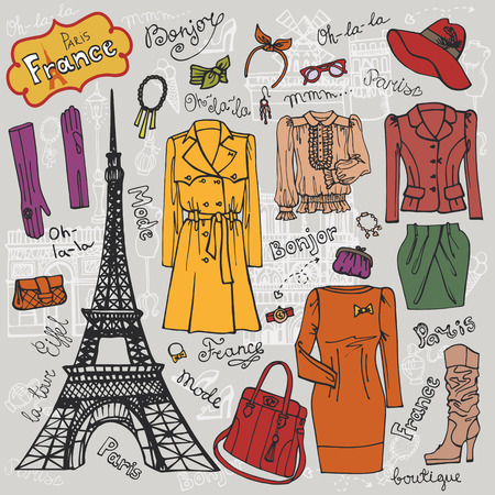 Paris Fashion.Clothing set.Colored doodle Sketchのイラスト素材