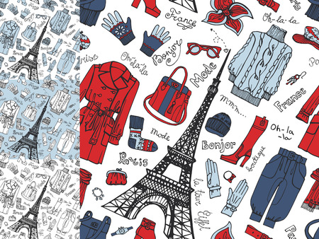 Paris Fashion.Clothing seamless pattern set.Tricolor doodleのイラスト素材
