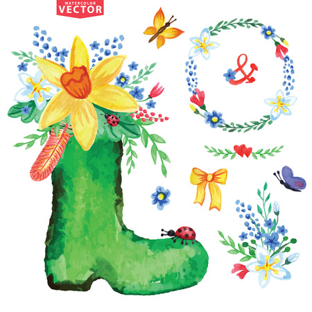 Watercolor Spring set.Word,rubber boots,floral groupのイラスト素材