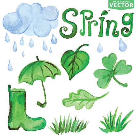 Watercolor Spring elements.Clouds, Word,leaves,iconsのイラスト素材