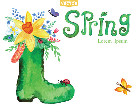 Watercolor Spring card.Word,rubber boots,floral groupのイラスト素材