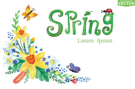 Watercolor Spring Background.Word,branches,floral groupのイラスト素材