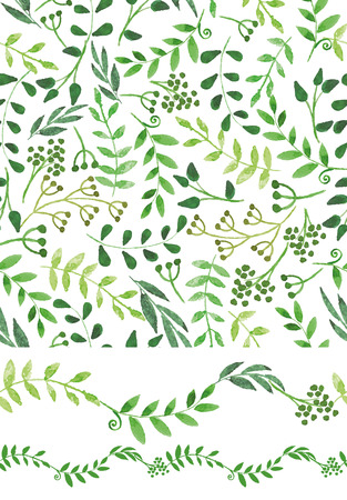 Watercolor seamless pattern and border.Vintage Green branchesのイラスト素材