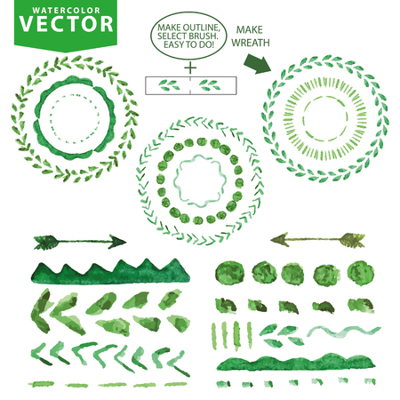 Watercolor Art Brushes and wreath set.Greenのイラスト素材