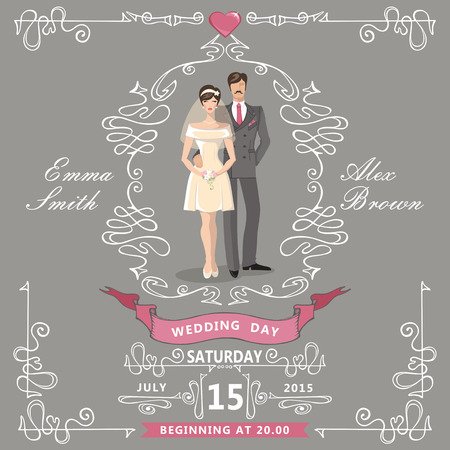 Wedding invitation.Cartoon bride,groom,Swirl elements,ribbonsのイラスト素材