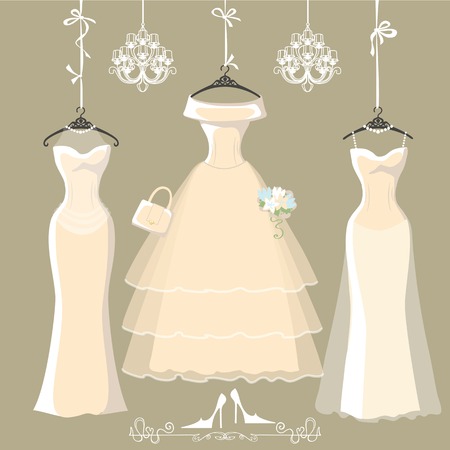 Set of  three long bridal dresses hang on ribbonsのイラスト素材