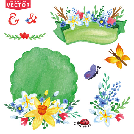 Watercolor Spring flowers bouquet decor setのイラスト素材