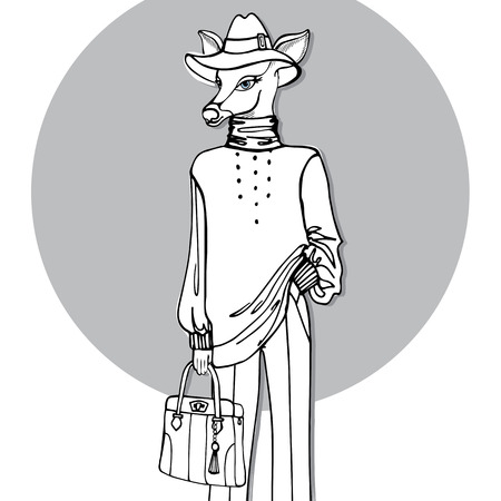 Hand drawn deer hipster girl in pants.Outlineのイラスト素材