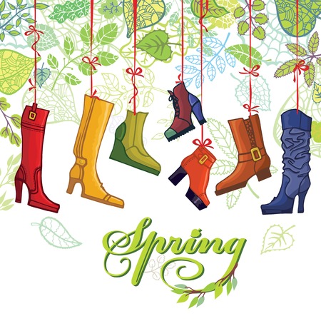 Fashionable colored womens boots,shoes,spring leavesのイラスト素材