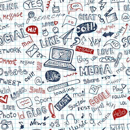 Social Media Word,Icon seamless pattern.Doodle sketchy Notepaperのイラスト素材