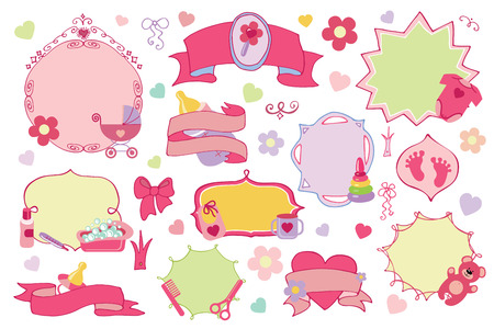 Newborn Baby girl badges,labels set. Baby showerのイラスト素材