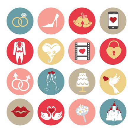 Cute flat wedding icons set for web , mobileのイラスト素材