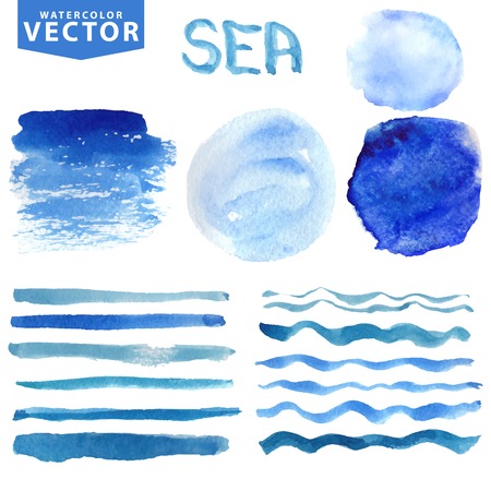 Watercolor stains,brushes,waves.Blue ocean,sea.Summer set