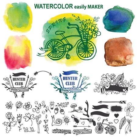 Doodle rustic set with watercolor stein のイラスト素材