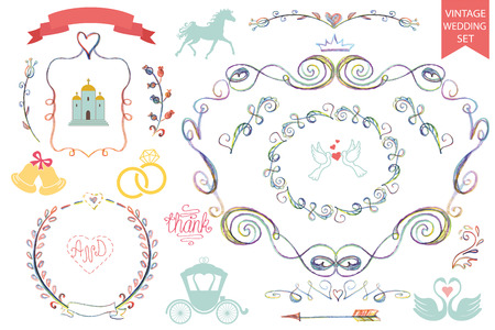 Vintage wedding icons,Floral doodle Decor setのイラスト素材