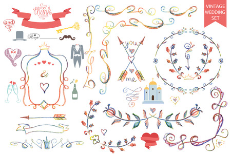 Vintage wedding Floral doodle Decor,icons set.Groomのイラスト素材