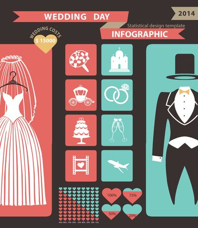 Wedding infographics set .Cartoon wedding clothes,icons set,chart,graph,world map.Vector business concepts with flat  icons,modern templateのイラスト素材