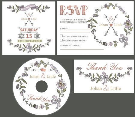 Floral Wedding design template set with cartoon flowers wreath,ribbon,border in Retro style .For Wedding  invitation,thank you,save date,CD,RSVP card.Vintage vector.のイラスト素材