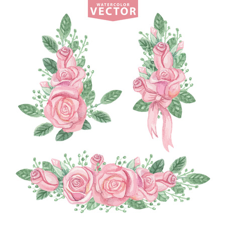 Watercolor pink roses compositions.Cute vintage flowersのイラスト素材
