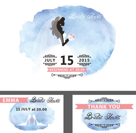 Bridal shower template set.Bride,watercolor cyan stainのイラスト素材