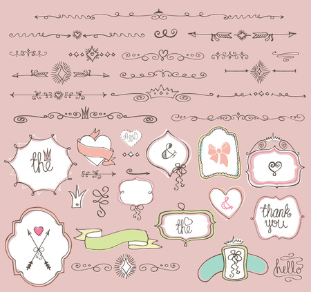 Doodle  labels, badges,frame,border,decor element.Love setのイラスト素材
