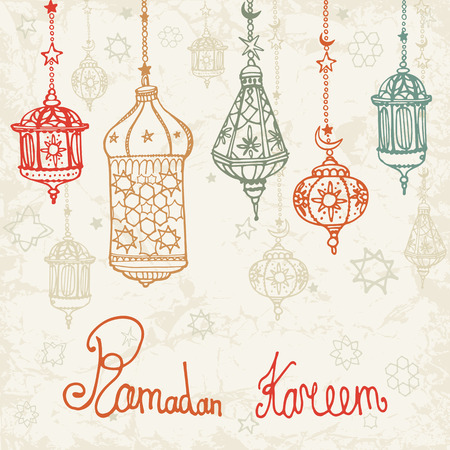 Traditional lantern of Ramadan Kareem .Doodle greeting card .Holy month of muslim community.Hand drawing hanging arabic lamp, star and moon on blue background.Vectorのイラスト素材