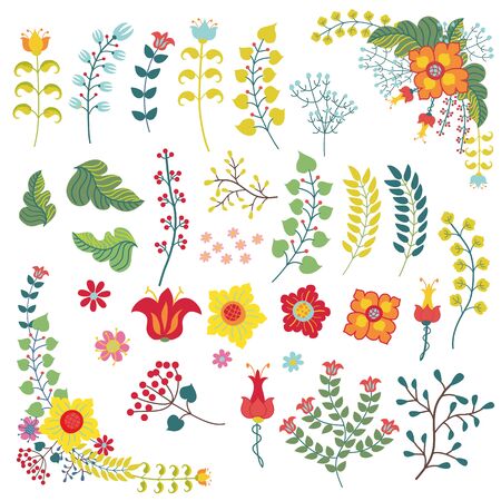 Set floral stylized floral in retro style. Vintage bouquet and  isolated flowers,branches.Vector decorative item for design templates for wedding invitations,birthday cards .のイラスト素材
