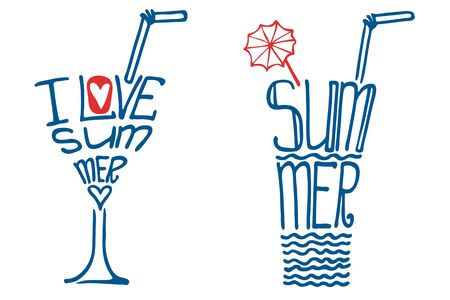 Typography  Design set.Silhouette of  glass with drink from words shape.The message love Summer.To use as logo,icon, label, stiker,background .Fun illustration .Doodle vector.のイラスト素材