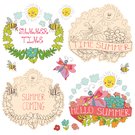 Doodle floral  label  set with colored flowers, plants,ribbons,bees,sun,clouds  in baby hand drawing sketch style. Vintage vector Composition .Hello summerのイラスト素材