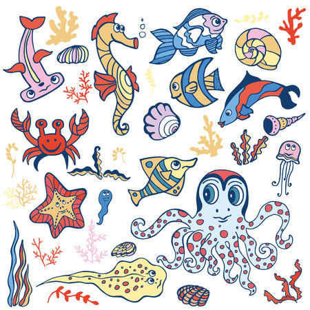 Sea life animals set  fish,  octopus and  crab, seahorse with coral,seaweed, shell. Funny cartoon doodle underwater world. Baby hand drawing Vector. Summer travel, tropical composition, background.のイラスト素材