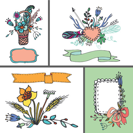 Doodle floral card set,Colored hand sketched flowers,vintage elements.For card,invitation and menu.Cute Vector.Congratulation wedding or birthday,Easter and mothers day,Valentines dayのイラスト素材