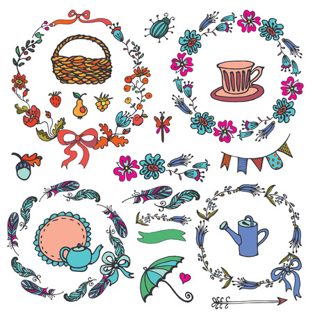 Doodle floral wtreath set,Colored hand sketch vintage elements.For card,invitation,logo,brushes.Cute Vectorのイラスト素材