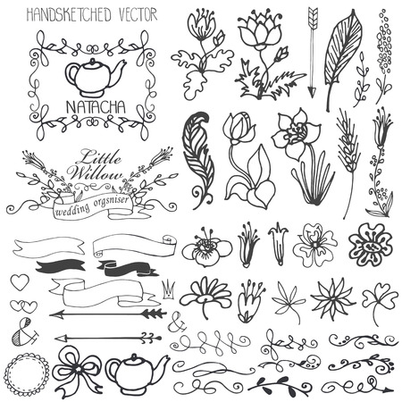 Doodles flowers,brunshes,swirl border and arrows,ribbons with decor elements set for hand scetced , design templates,invitations and logtype. For weddings,Valentines day,for holidays,birthday,easter.Vintage Vectorのイラスト素材