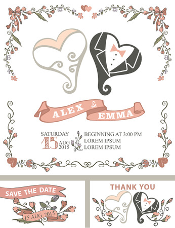 Wedding invitation template set with floral  decor,coople hearts,ribbons.Cute cartoon stylized hearts in the clothes of the bride and groom .Vintage Vector design.Save date,thank you card.のイラスト素材