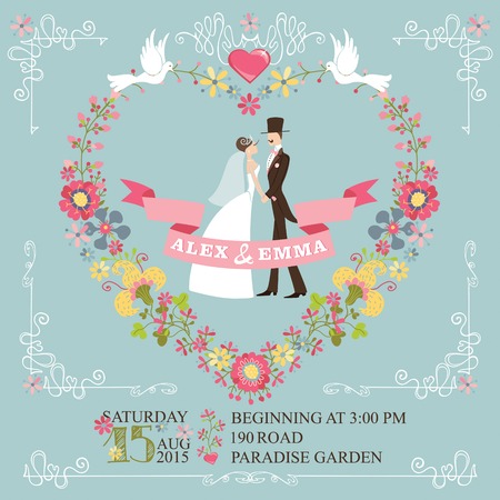 Wedding invitation with floral wreath in heart form,cartoon couple groom and bride,swirling border. Cute retro style with vignettes,ribbons,pigeons.Vintage Vector design templateのイラスト素材
