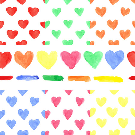 Watercolor artistic colored hearts seamless pattern ,borders set.Hand drawing Baby background,wallpaper,fabric,backdrop.Wedding,valentine day romantic vector,painted textureのイラスト素材