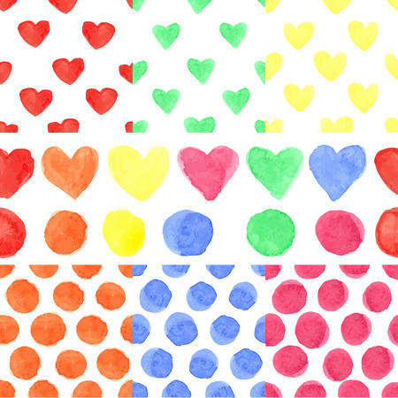 Watercolor artistic colored hearts and polka dot seamless pattern ,borders set.Hand drawing Baby background,wallpaper,fabric,backdrop.Hand painted textureのイラスト素材