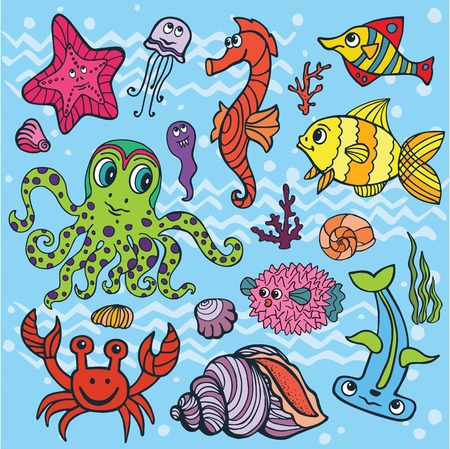 Vector summer background.Sea life animals set, fish, octopus,crab,seahorse with coral,seaweed,shell.Funny cartoon doodle underwater world.Baby hand drawing travel, tropical composition.のイラスト素材