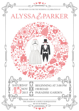 Wedding invitation card with wedding garment and icons in Wreath composition ,swirling frame.Set of holiday flat items.Vintage vector.Holiday infographics,background,save date card.のイラスト素材