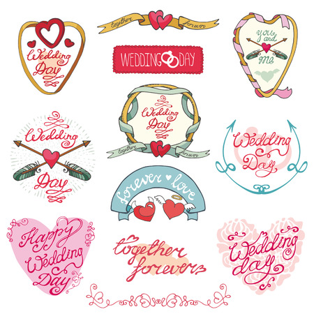 Wedding day,love and romantic invitations cards collection.Labels, ribbon,swirls borders,arrows and headline. Doodle hand drawing decor set.Vintage vector,retro.Cute Emblemsのイラスト素材