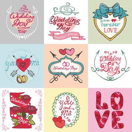 Wedding day,love and romantic invitations cards collection.Labels, ribbon,swirls borders,arrows and headline. Doodle hand drawing decor set.Vintage vector,retro.Cute Emblemsのイラスト素材