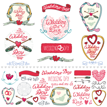 Wedding day,love and romantic decor elementscollection.Labels, ribbon,swirls borders,arrows and headline. Doodle hand drawing decor set.Vintage vector,retro.Cute Emblems,cardsのイラスト素材