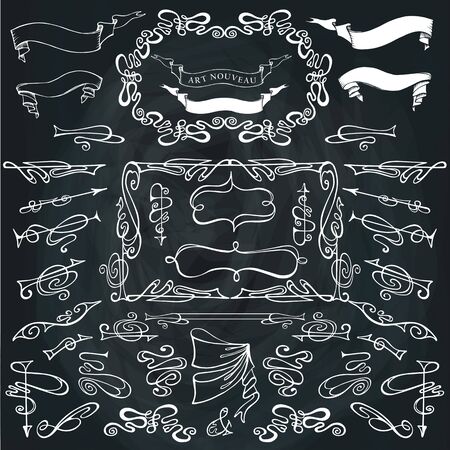 Curled calligraphic design elements set.Swirling decor elements,borders,ribbons,arrows on Chalkboard.For Wedding  invitation,save date,Valentine card,restaurant menu.Art Nouveau style.Vectorのイラスト素材