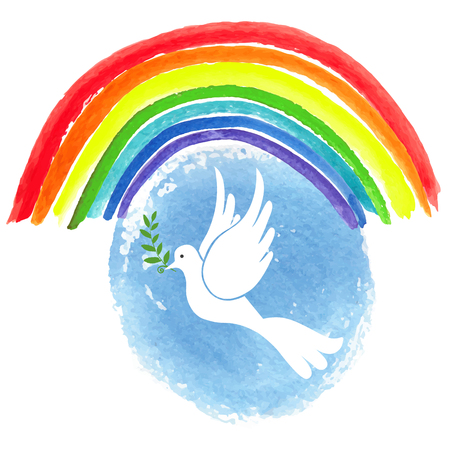 Peace day. White pigeon bird with watercolor blue sky and colored rainbow texture background.Dove with Olive laurel branch.Vector illustration.Education poster.Friendship, peace symbol.のイラスト素材