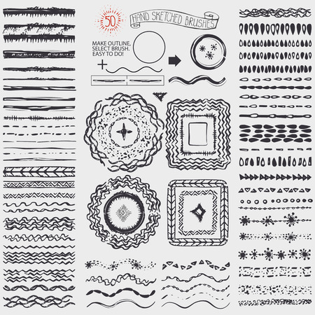 Hand drawn artistic  pattern brushes,wreath , line border.Doodle decor,stroke brushes,point drop texture,wavy and geometric borders.For template,invitations, holiday,baby design.Sketched Vectorのイラスト素材