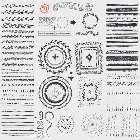 Hand drawn pattern brushes wreath, line border,burst shape .Doodle decor,artistic stroke brushes,point texture,drop .For design template, invitations, holiday,  wedding,baby design.Sketched Vectorのイラスト素材