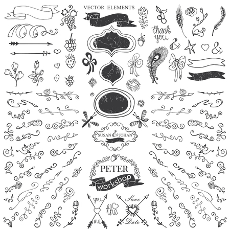 Doodles flowers,swirl border,budges shape ,arrows,ribbons,decor set for hand sketced logo.Easy to make design templates,invitations cards ,logo. For wedding,Valentine day,holidays,Easter and birthday.Vectorのイラスト素材