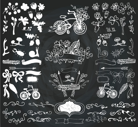 Doodles flowers,swirl border,budges shape ,arrows,ribbons,decor set for hand sketced logo.Easy to make design templates,invitations cards ,logo. For wedding,Valentine day,holidays,Easter and birthday.Vector chalkboardのイラスト素材