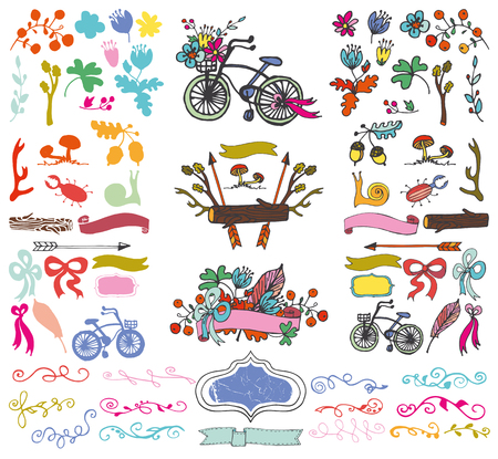 Doodle floral group set,hand sketch vintage elements with silhouette.Kit with Flowers,branches and  ribbon,badges,bicycle,bow.For card,invitation,logo.Cute rustic Vectorのイラスト素材