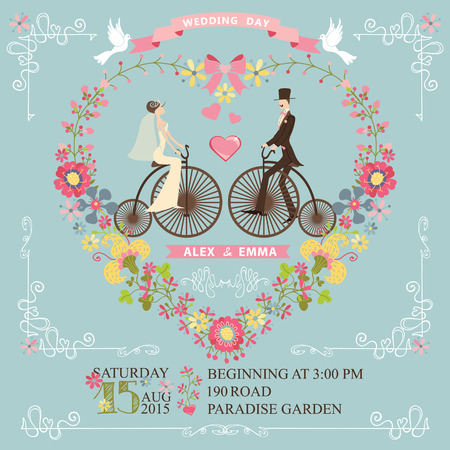 Cute wedding invitation with floral wreath in heart form,swirling border.Cute cartoon couple groom and brideon retro bicycle with vignettes,ribbons,pigeons.Vintage Vector design templateのイラスト素材